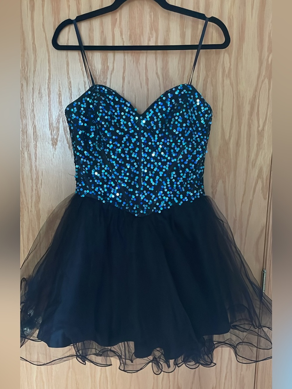 Deb Black Party Dress with Blue Sequin Bodice